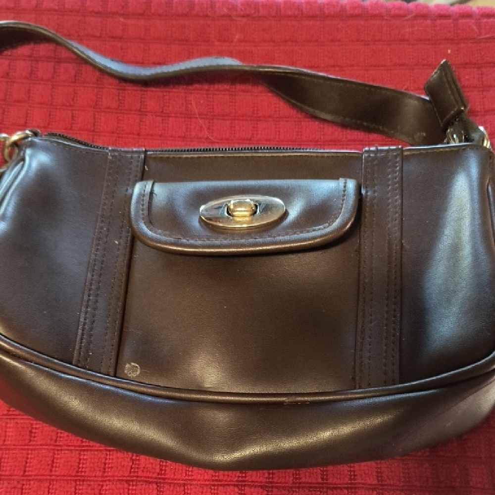 Women's Brown Leather Shoulder Bag with Turn-Lock Pocket